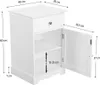 A white nightstand with an open door and drawer, showing dimensions. Produktbild-Vorschau