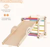 A diagram showing the dimensions of a wooden climbing structure with a slide. Podgląd zdjęcia produktu