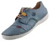 Das Bild zeigt einen flachen blauen Schuh von der Seite. Der Schuh hat eine schlichte Form und eine saubere Verarbeitung. Produktbild-Vorschau