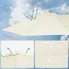 A close-up view of a cream-colored umbrella canopy against a sky background, with inset images highlighting UV protection and water repellency. Náhled obrázku produktu