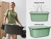 A woman is holding a laundry basket in a laundry room, with product shots of laundry baskets with features highlighted. Produktbild-Vorschau
