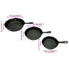 Three cast iron skillets of different sizes are displayed with measurement labels. Náhľad obrázku produktu