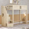 A wooden loft bed with stairs and storage is shown in a room with a brick and tan wall. Náhled obrázku produktu