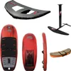 A collection of water sports equipment including a wing, a hydrofoil, and a board, laid out on a white background. Produktbild-Vorschau