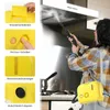 A collage of images showing a yellow steam cleaner and its features, with a lifestyle shot of a person using the steam cleaner to clean a kitchen range hood. Podgląd zdjęcia produktu