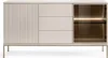 A modern sideboard with a fluted door, three drawers, and a glass-fronted cabinet with interior lighting, all supported by thin metal legs. Produktbild-Vorschau