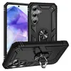 A black protective phone case with a ring stand is displayed from multiple angles, with a smartphone screen visible in the background. Podgląd zdjęcia produktu