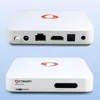Two views of a white Octagon Spirit White 4K UHD Android TV Box, showing the front and back ports, and the top and front branding. Produktbild-Vorschau