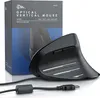 A black vertical optical mouse is shown in front of its packaging. Produktbild-Vorschau