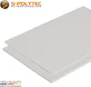 Two white plastic sheets are stacked on a white background, with a company logo and text in the upper left corner, and quality information in the lower left corner. Produktbild-Vorschau