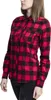 A woman is shown wearing a red and black checkered flannel shirt. Náhled obrázku produktu