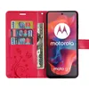 A red flip case for a Motorola phone, showing credit cards and cash inside the case, and the phone screen displaying the Motorola logo and model name. Produktbild-Vorschau