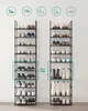 Two tall, narrow shoe racks are shown side-by-side against a white wall, displaying various types of shoes on each shelf. Icons representing different shoe types are displayed above the racks. Náhled obrázku produktu