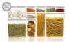 A collection of clear plastic food storage containers filled with various dry goods like pasta, lentils, sugar cubes, and cookies, arranged on a white background. Náhled obrázku produktu