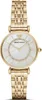 A close-up studio shot of a gold Emporio Armani women's watch with a white mother-of-pearl dial and diamond accents. Produktbild-Vorschau