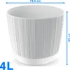 A white ribbed planter pot with dimensions indicated. Produktbild-Vorschau