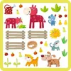 A collage of cartoon farm animals and farm-related objects. Produktbild-Vorschau
