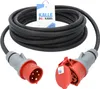 A coiled black rubber extension cord with red and gray CEE connectors on a white background. Produktbild-Vorschau