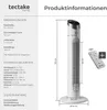Product information for a tower fan, including dimensions and technical data. Náhled obrázku produktu
