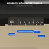 A close-up of a desk control panel with a digital display and buttons, with text overlays explaining its features. Voir les images du produit