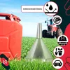 A red jerrycan and a metal funnel are placed in green grass with a tractor in the background. There are several circular icons with symbols and text overlays. Produktbild-Vorschau