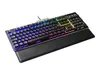 A gaming keyboard with RGB lighting and a wrist rest, shown from a diagonal angle against a white background. Produktbild-Vorschau