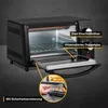 A black toaster oven is shown with its door open, revealing the interior and racks. A circular inset image shows a hand placing food into the oven. Voir les images du produit