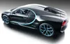 A black Bugatti Chiron model car with blue accents, shown from a side-rear angle on a reflective surface. Voir les images du produit