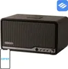 A studio shot of a portable speaker with a smartphone displaying the Edifier logo. Voir les images du produit