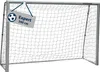 A soccer goal with a tag indicating its size and model. Produktbild-Vorschau