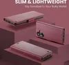 Three views of a red leather phone case are displayed on a stepped red background. Text at the top advertises the product's slim and lightweight features. Produktbild-Vorschau