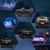 A collage of images featuring a black electric toy car from different angles, set against a dark blue and black hexagonal background. Some images also include abstract backgrounds like cityscapes and race tracks. Náhľad obrázku produktu