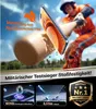A baseball player hitting a phone with a bat, with text overlays highlighting product features. Produktbild-Vorschau