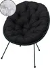 A black round cushion with tufting, placed on a dark metal frame with three legs. A small inset circle shows a close-up of white filling material. Anteprima dell’immagine prodotto