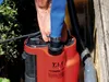 A person is holding a blue hose connected to an orange drainage pump. The pump is partially submerged in water next to a wooden wall and some greenery. Anteprima dell’immagine prodotto