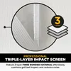 A close-up view of a triple-layer impact screen material with text overlays highlighting its features. Produktbild-Vorschau