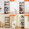 Collage of four scenes showing a metal bookshelf in different room settings: living room, bedroom, bathroom, and balcony. Podgląd zdjęcia produktu