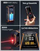 A collage of four images showcasing a laser distance meter and its features. Produktbild-Vorschau