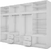 A 3D rendering of a large, modular white wardrobe with multiple compartments, shelves, hanging rails, and drawers. Podgląd zdjęcia produktu