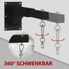 A black metal wall mount bracket for a punching bag, with chains and carabiners attached. The bracket is shown mounted on a wall, with a close-up inset and a graphic indicating 360-degree rotation. Anteprima dell’immagine prodotto