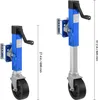 Two blue trailer jacks with wheels are shown side-by-side against a white background. The jack on the right is extended to its full height, while the jack on the left is retracted. Dimensions are indicated with lines and text. Náhled obrázku produktu