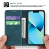 A hand holding a teal wallet-style phone case open, revealing credit card slots and a bill. Produktbild-Vorschau