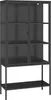 A black metal display cabinet with glass doors and shelves, shown against a white background. Náhľad obrázku produktu
