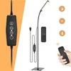 A floor lamp with its remote control and a close-up of the lamp's control panel. Produktbild-Vorschau