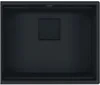 A top-down view of a black granite kitchen sink with a square drain cover in the center. Produktbild-Vorschau