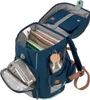 An open blue school backpack with books, a water bottle, and a lunchbox inside. Voir les images du produit