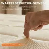 A hand is pressing into a textured mattress fabric. Produktbild-Vorschau