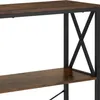 A close-up view of a shelf unit with a rustic wood finish and black metal frame. Produktbild-Vorschau