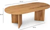 An oval wooden coffee table with dimensions indicated by lines and text. Voir les images du produit