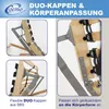 A collage of images showing details of a bed frame mechanism, specifically the adjustable slats and their connection points. Produktbild-Vorschau